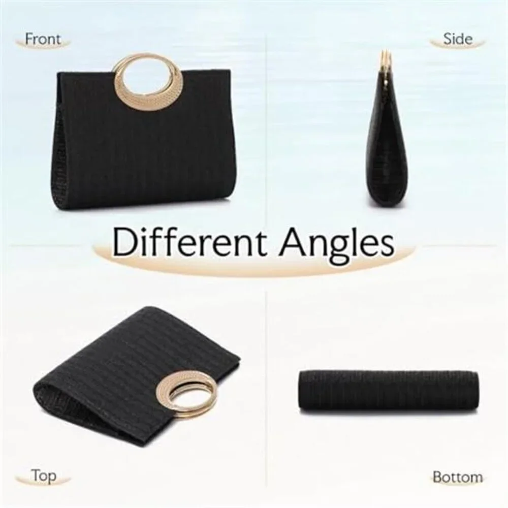 Straw Top Handle Clutch Purse Summer Beach Evening Handbag Women Black